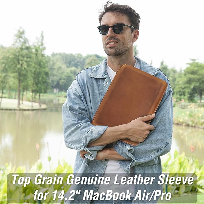 Top Grain Leather 14.2" Laptop Sleeve Case, Solid Vintage Design, Compatible with MacBook Pro 14" 2021 M1 A2442 & Old Versioned 13-13.3 Inch MacBook Pro/MacBook Air, Brown 14.2 Inch