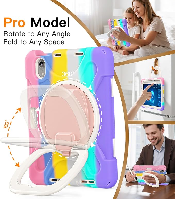 BATYUE Case for iPad Mini 7 A17 Pro 2024/iPad Mini 6 2021 8.3 Inch with Pencil Holder, 360 Rotating Stand, Shoulder Strap, Handle Grip, Shockproof Rugged Case for iPad Mini 7th/6th Gen, Colourful Pink