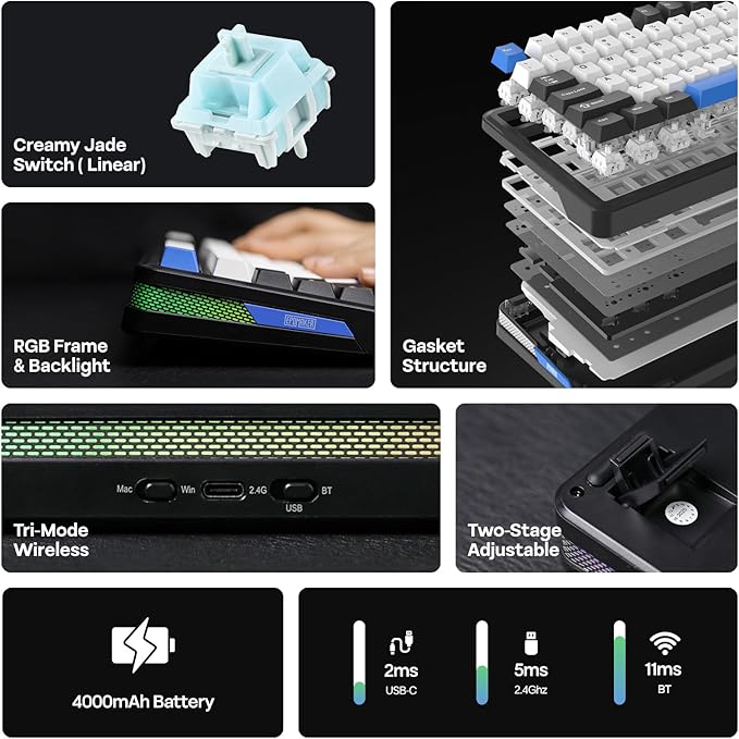 EPOMAKER TH85 QMK/VIA Wireless Gaming Keyboard, BT5.0/2.4GHz/USB-C, Hot Swappable Pre-lubed Custom Creamy Jade Linear Switches, Gasket Creamy Keyboard for PC/Mac/Office/Gaming (Black&White&Blue)