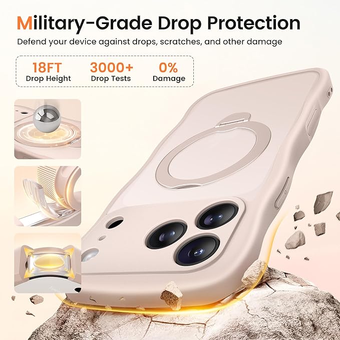 CAPRARO for iPhone 17 Pro Case with 360° Spin Magnetic Stand for Women, [Compatible with MagSafe] [Full Camera Protection] Cute Wave Translucent Matte Case for iPhone 17 Pro, Rose Gold