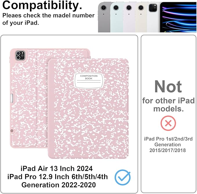Supveco Case for iPad Air 13 Inch (M3) 2025/(M2) 2024 with Pencil Holder,Premium Folio Stand Case with Soft TPU Back Cover,and Auto Wake/Sleep-Pink