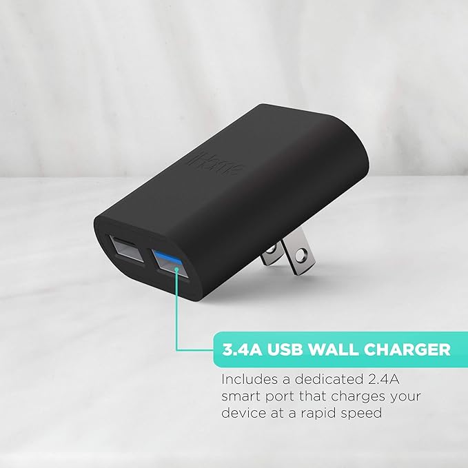 iHome 2-Port USB Wall Charger, AC Pro Multiport Plug Adapter, Phone Charging Block with Dual Ports for Home & Travel