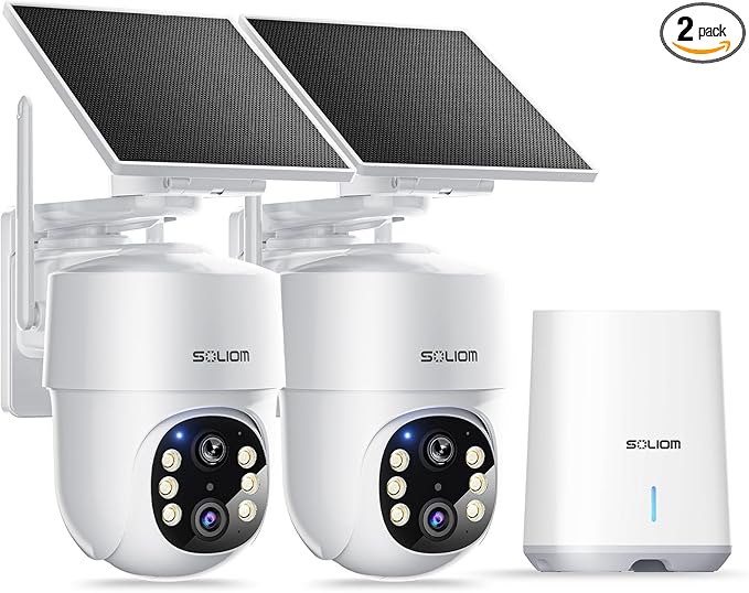 SOLIOM- 5MP Security Cameras Wireless Outdoor, No Subscription & Solar Powered,2-Cam Pack Home Security Camera with 360° Auto Human Motion Tracking, 3K Color Night Vision,5G & 2.4G Router Compatible