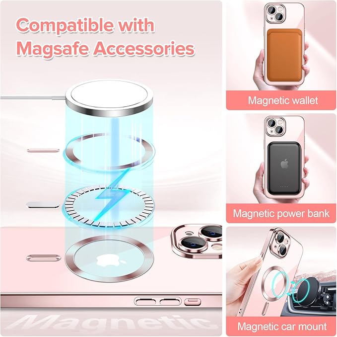 Hython Magnetic Clear for iPhone 13 Case with Camera Lens Protector [Compatible with MagSafe] Luxury Plating Edge Slim Soft TPU Cover Protective Phone Case for iPhone 13 6.1", Pink