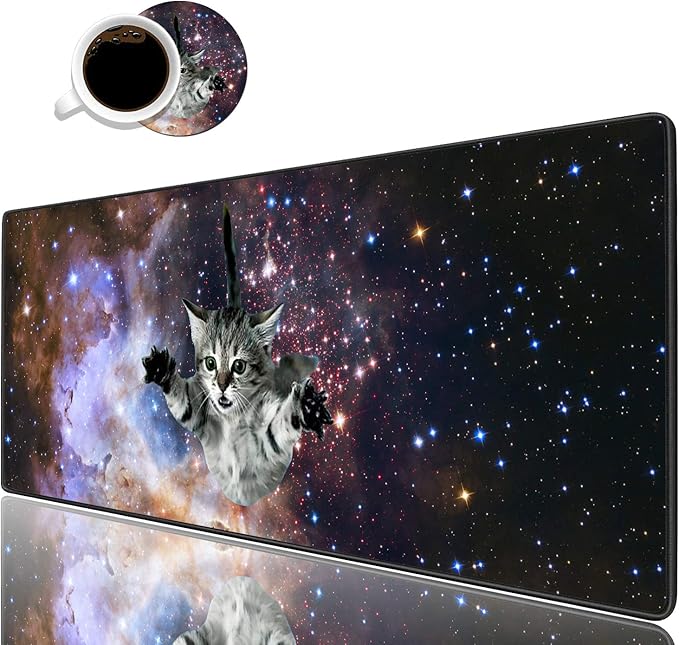 Desk Pad Mat Gaming Mouse Pads with Coasters Set, Stitched Edges Design Mouse Pad XXL Large Mouse Pad for Laptop Computers Galaxy Fly Cat Desk Writing Mat for Office & Home 31.5x 11.8