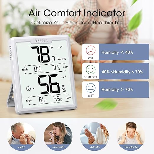 DOQAUS Digital Hygrometer Room Thermometer Indoor, Humidity Meter with Large LCD Display, Temperature Humidity Monitor with Max Min Records, White
