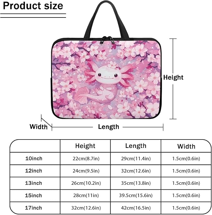 10-17 Inch Axolotl Cherry Blossom Laptop Sleeves for Women, Protective Tablet Carrying Case with Handle, Laptop Tote Bags Notebook Messenger Briefcase for Travel/Business/School
