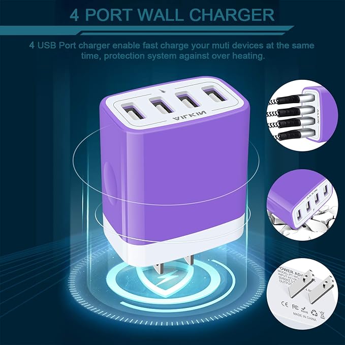 USB Wall Charger, Charging Block, AILKIN 2-Pack 4.8A/5V 4 Port USB Plug Power Travel Brick Adapter for iPhone, iPad, Samsung Galaxy, Moto, Kindle Fire, Headphones, Doorbell Android Phone Box Cube