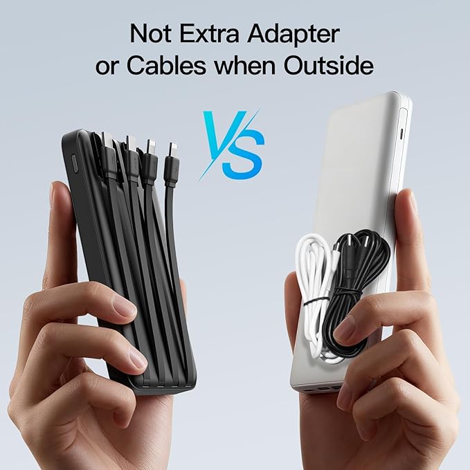 2026 2-Pack 10000mAh Portable Charger with Built in 4 Cables, PD 20W Travel Essentials Battery Pack, 5 Outputs 2 Inputs Slim Power Bank for iPhone 17/16/15/14, Samsung Galaxy S23/22, Pixel etc
