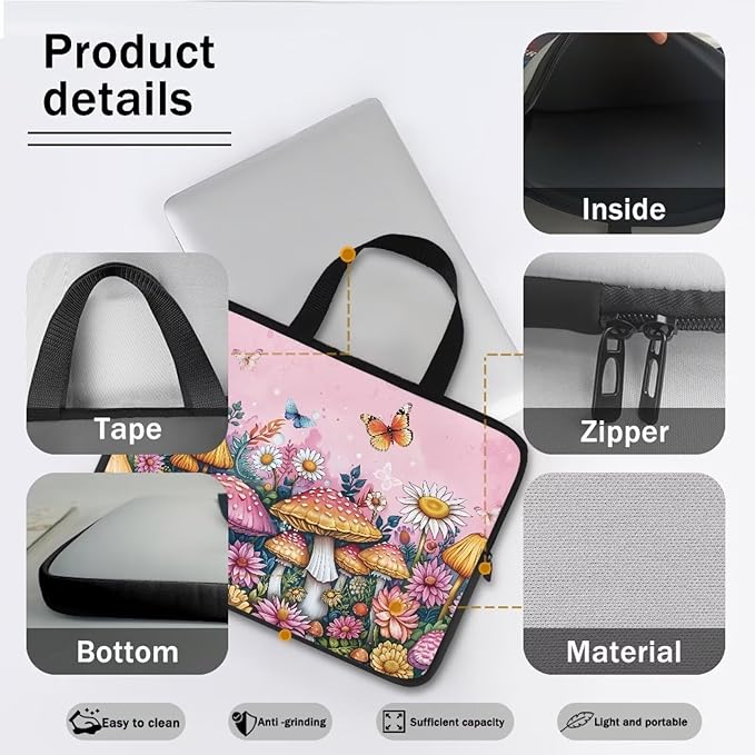 13 Inch Mushroom Butterfly Laptop Sleeve Cover Computer Bag Tablet Carrying Case with Handle, Water-Repellent Tote Bags Notebook Sleeves Handbag Messenger Briefcase Shoulder Bag