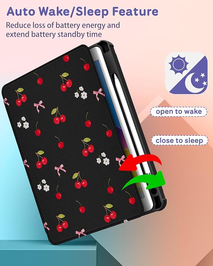 Uppuppy for iPad 9th/8th/7th Generation Case for iPad Air 3rd/ Pro 10.5” Case - 360 Rotating Stand Folio Smart Cover with Pencil Holder for Women, Cherry Bow Flowers for Apple Tablet 7/8/9 Gen 10.2”
