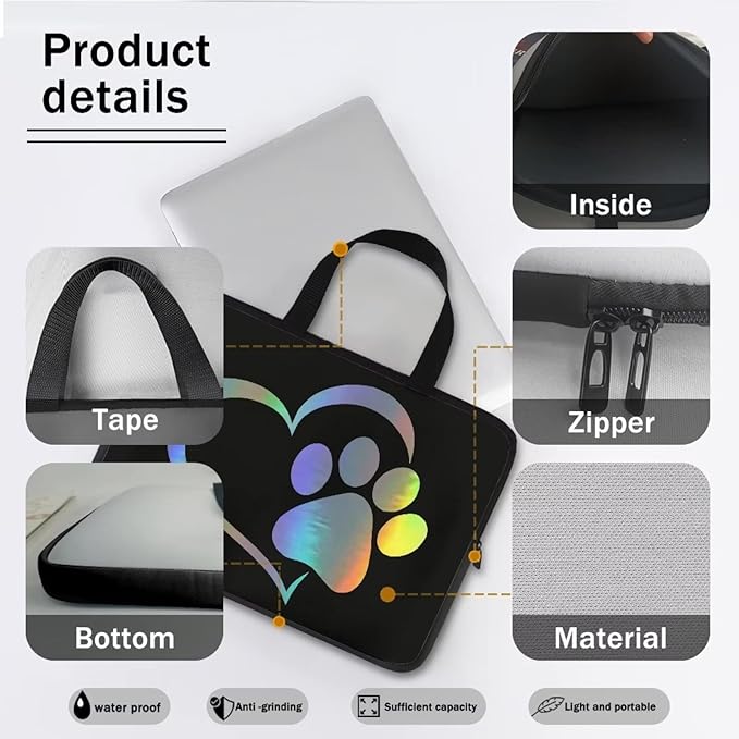 17 Inch Cute Dog Paw Laptop Sleeve, Protective Tablet Case with Handle, Computer Bag Carrying Case Portable Neoprene Notebook Cover Messenger Briefcase for Travel/Business/School/Men/Women