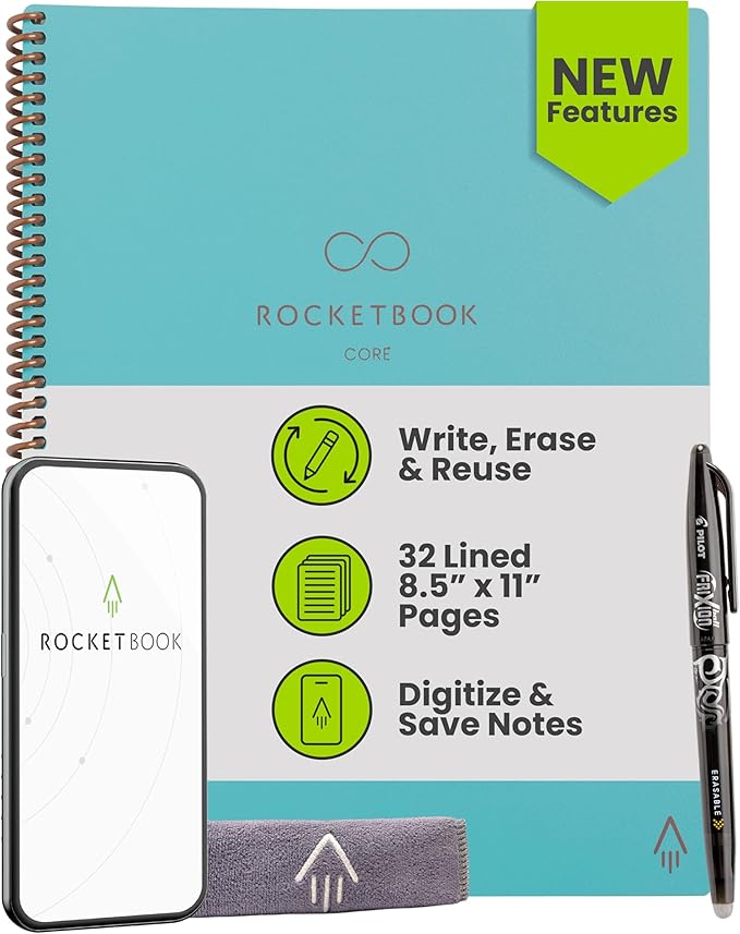 Rocketbook Core Reusable Smart Notebook, Lined Pages For School, Work and Creative Projects, Letter Size 8.5x11, Teal - Premium