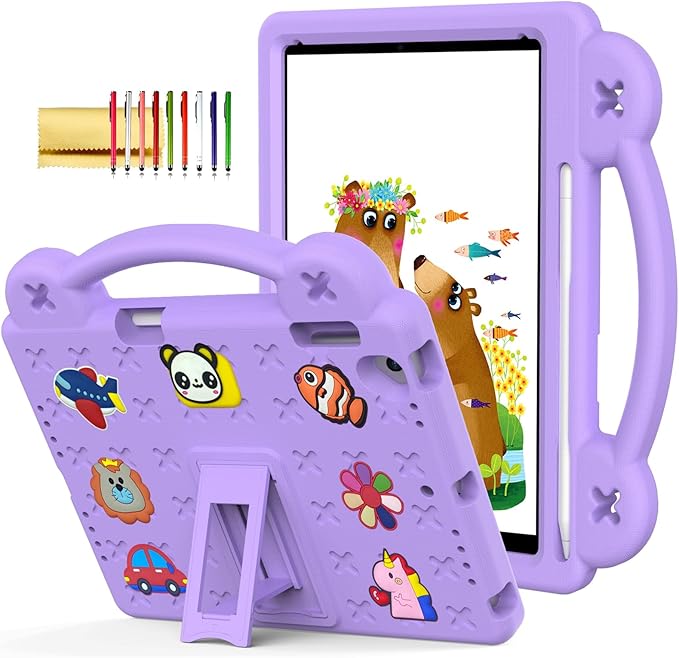 Dteck Kids Case for iPad 9.7 Inch 6th/5th Gen 2018/2017 & iPad Air 2/1 & iPad Pro 9.7,Cute Panda Shockproof Rugged Lightweight Pencil Holder Convertible Handles Stand Kids Friendly Case,Light Purple