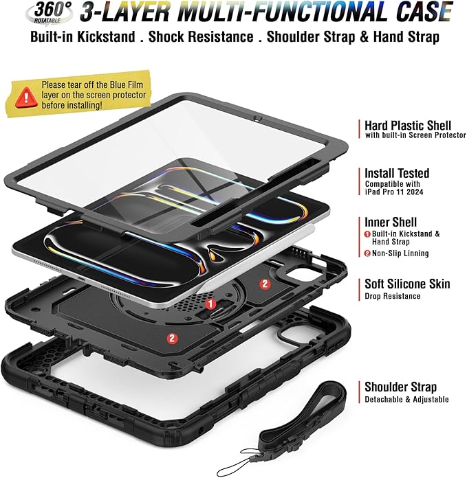 iPad Pro 11 Inch Case 2024 with Screen Protector Pen Holder | iPad Pro 11 5th Generation Case | Three Layer Shockproof Defender Protective Cover W/Stand Hand Strap for iPad A2836/A2837 | Black