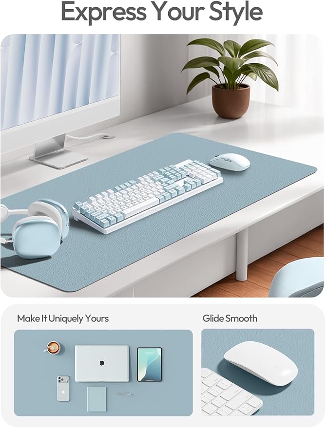 YSAGi Leather Desk Protector, Office Mat, Large Mouse Mat, Non-Slip PU Leather Blotter, Laptop Pad, Waterproof Writing Pad for Office and Home (Ice Blue, 35.4" x 17")