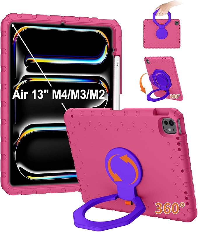 for iPad Air 13 Inch Case (M4 2026 / M3 2025 / M2 2024), Heavy Duty EVA Protective Cover with Magnetic Charging Pencil Holder, 360° Rotating Stand, for Kids, Work & Travel, Rose Red