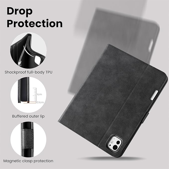 Handmade Case for iPad Pro 11 Inch (M5/M4) 2025/2024 with Pencil Holder Pocket,Magnetic Closure,Auto Sleep/Wake,Vegan Leather Folio Protective Cover,Multi Angles Stand,Black