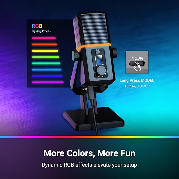 NEEWER UM02 RGB USB Microphone for Gaming Streaming Podcast, Cardioid Condenser Noise Cancellation Desk Mic for Headphone Monitoring Compatible with iPhone iPad Mac PC Android PS5/PS4 Pro/PS4