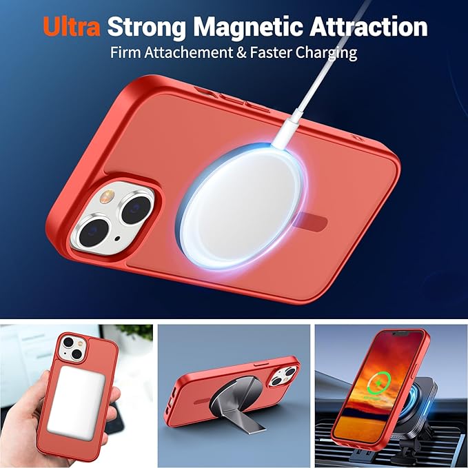 SUPFINE Magnetic for iPhone 14 Case & iPhone 13 Case (Compatible with MagSafe)(Military Grade Drop Protection) Slim Translucent Matte Shockproof Phone Cover,Red