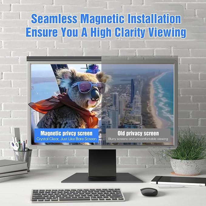 Magnetic Computer Privacy Screen 32 Inch，Aesthetic Hanging Privacy Screen for Computer Monitor with Anti-Blue Light Coating, Removable Magnetic Attachment Computer Monitor Privacy Shield