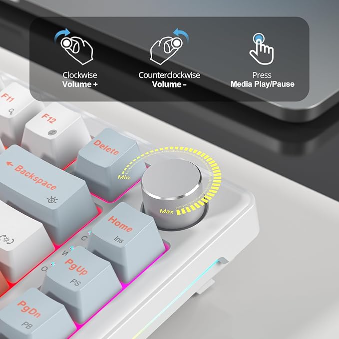 75% White Blue Creamy Mechanical Keyboard Wired, Creamy Sound Gasket Gaming Thocky Keyboard with Knob, Hot Swappable RGB Custom Keyboard, Pre-lubed Cream Switch Keyboard (82 Light Blue)
