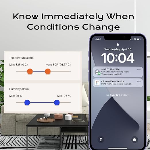 ClimaNotify Gen2 WiFi Temperature and Humidity Sensor with Text (SMS) Alerts and Alarm, Smart Thermometer Hygrometer for Home, Garage and Basement, App Notifications, No Hub Required