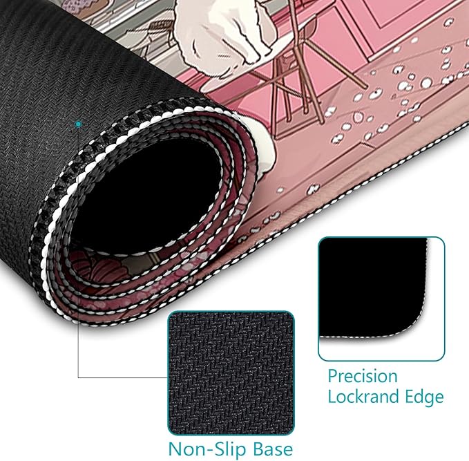 LIMKRIAN Cat Mouse Pad Large Desk Mat, Pink Cherry Blossom Computer Mousepad with Stitched Edges Non-Slip, Keyboard Mouse Pad for Desktop Cute Office Desk Accessories Japanese Dessert House 31.5in