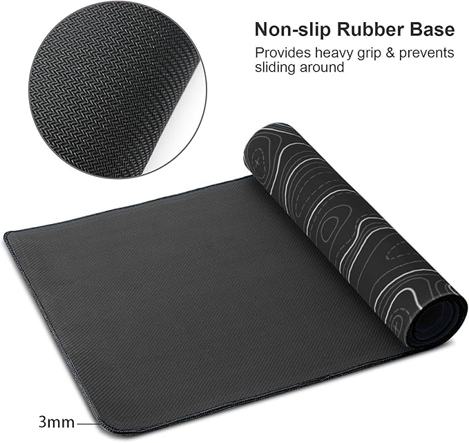 Large Gaming Mouse Pad Black Topographic Contour Mouse Pad with Stitched Edges & Nonslip Rubber Base Extended XXL Long Mousepad Big Desk Mat for Company Office Work, 35.4 x 15.7 in