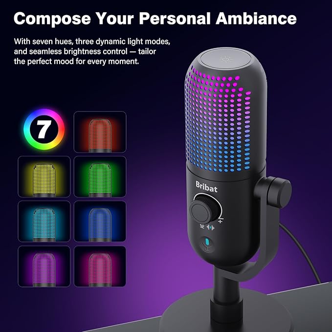 USB Condenser Microphone for PC Gaming,Streaming&Podcast,Plug & Play RGB Desktop Mic with One-Touch Mute,Cardioid Noise-Canceling Computer Mic for Twitch,YouTube,Recording on PC & Laptop(Black)