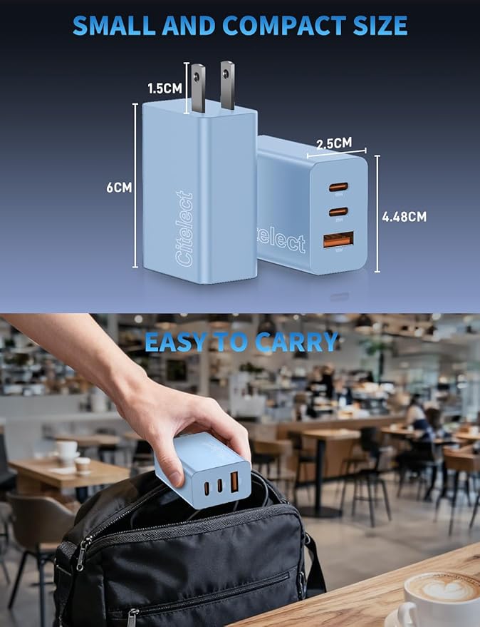 2Pack 65W USB C Charger Block, 3Port Fast Charging Adapter, Type C Fast Charging Blocks Cube PD USBC Wall Plug+QC3.0 USB A Charger Brick for MacBook Pro/Air,iPad,iPhone 17/16,Samsung S26/S25&More-Blue