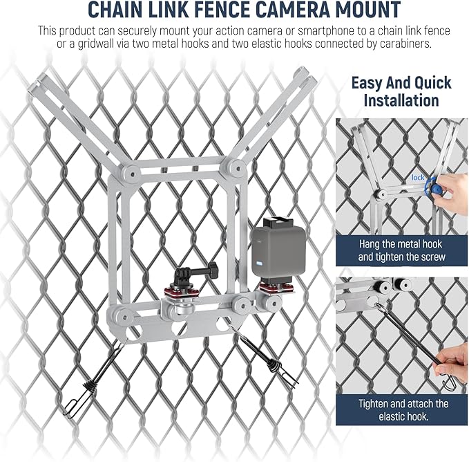 NEEWER Phone Fence Mount with Phone Holder for Game Changer Mounting, Shock Absorbing Baseball Tennis Court Chain Link Compatible with Mevo Start GoPro Insta360 DJI Action Camera iPhone, PA020 Silver