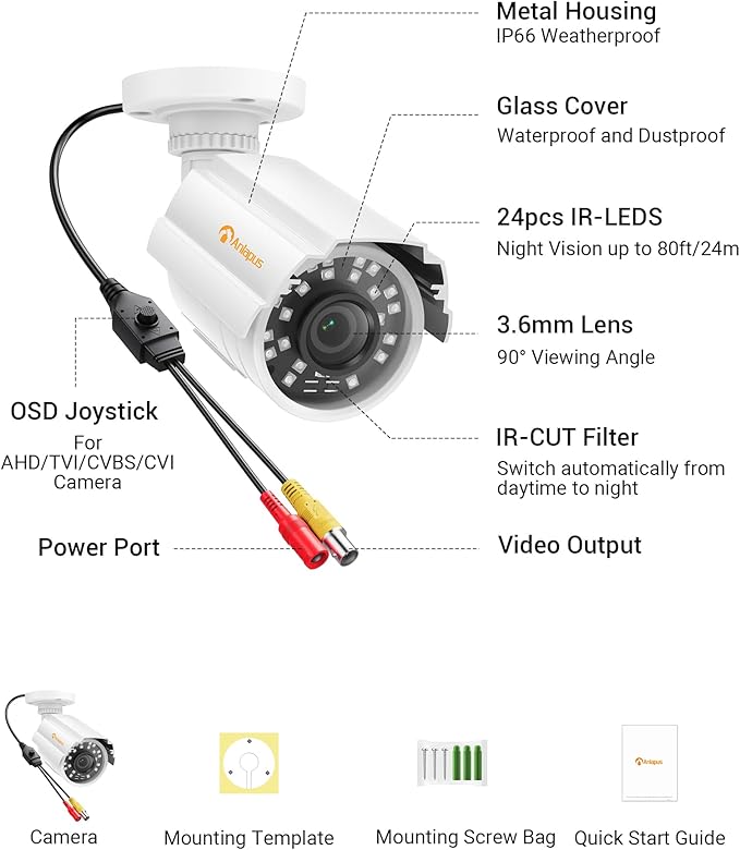 Anlapus 1080P HD Hybrid 4-in-1 Security Camera Outdoor, Night Vision, IP66 Weatherproof, TVI/CVI/AHD/CVBS CCTV Bullet Camera for 1080P/5MP/4K Analog Surveillance DVR System