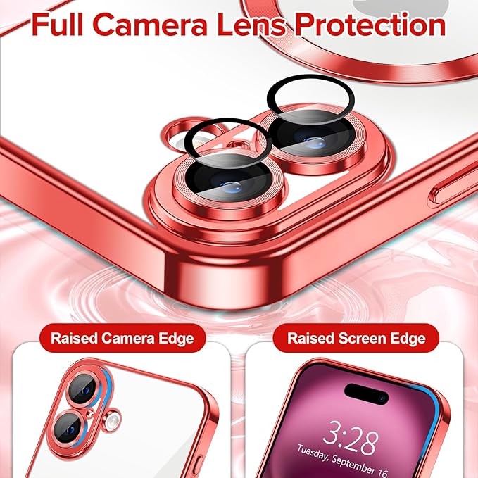 Hython Magnetic Clear for iPhone 16 Plus Case with Camera Lens Protector [Compatible with MagSafe] Luxury Plating Edge Slim Soft TPU Cover Protective Phone Case for iPhone 16 Plus 6.7", Red