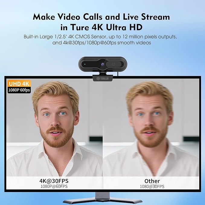 TOALLIN 4K Webcam for PC, Built-in Mic, 1080P@60FPS, PDAF Autofocus, 1/2.5" Sensor & 12MP, Sliding Privacy Cover, USB Web Camera for Streaming, Gaming, Conferencing and Video Calls