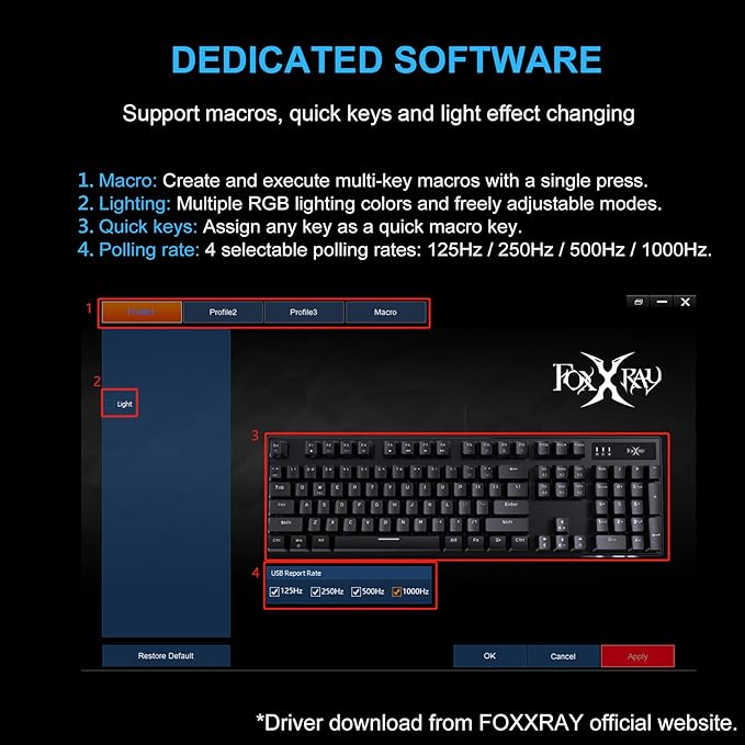 FOXXRAY HKM-88 Full-Size Mechanical Gaming Keyboard, Customizable Keys with Macro Support, RGB Backlit, Equipped with Outemu Red Switches, USB Plug and Play for PC