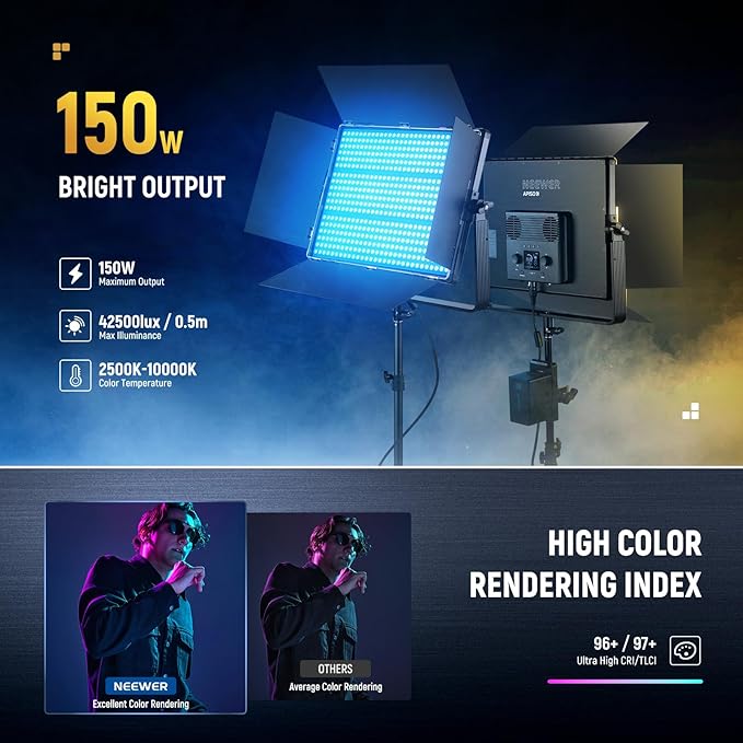 NEEWER 150W RGB LED Panel Video Light Kit with Barn Doors, 1800 LEDs 42500Lux/0.5m 2500K-10000K CRI96+/TLCI97+ 0-100% Dimming, APP/2.4G/Panel/DMX Control for Pro Studio Gaming Lighting, AP150C