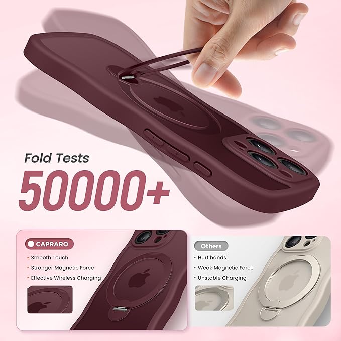 CAPRARO for iPhone 15 Pro Max Case with 360° Spin Magnetic Stand for Women, [Compatible with MagSafe] [Full Camera Protection] Cute Wave Translucent Matte Case for iPhone 15 Pro Max, Wine Red
