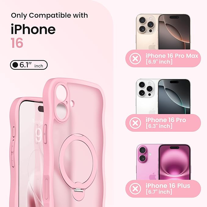 CAPRARO for iPhone 16 Case with 360° Spin Magnetic Stand for Women, [Compatible with MagSafe] [Full Camera Protection] Cute Wave Translucent Matte Case for iPhone 16, Peach Pink