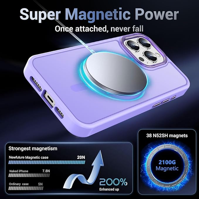 Newfuture Designed for iPhone 16 Pro Case with Magnetic [13 FT Military Drop Protection] [Compatible with Magsafe] Slim Translucent Matte Shockproof with Anti-Fingerprint Phone Case,Lilac Purple