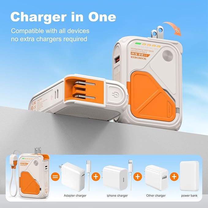 SEANCHEER P05 Portable Charger, Magnetic Power Bank, Small Wireless PowerBank, Battery Pack10000mAh Travel Essentials Fast Charging with Built in Cable, Foldable Wall Plug for iPhone,Samsung,Andriod