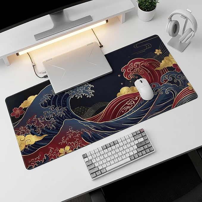 AQQA Japanese Great Wave Mouse Pad XL - Extended Gaming Desk Mat (31.5 x 15.7 in), Black and Gold Ukiyo-e Art Mousepad with Anti-Slip Rubber Base, Waterproof Keyboard Mat for Office, Home & Esports