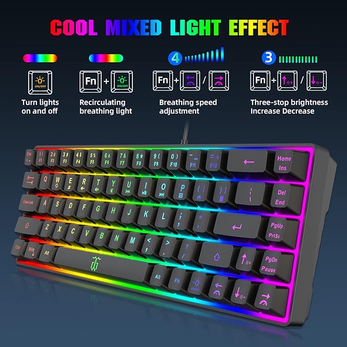 Snpurdiri 60% Gaming Keyboard, Rainbow Backlit Mini Membrane Keyboard for Windows PC Gamers(68 Keys, Black Rainbow)
