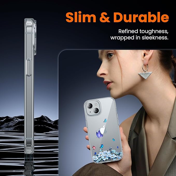 toushion 3 in 1 for iPhone 15 Plus Case Clear Printed Design | Yellowing-Resistant Acrylic Back, Screen Protector *1 & Camera Lens Protector*1, Military-Grade Protection