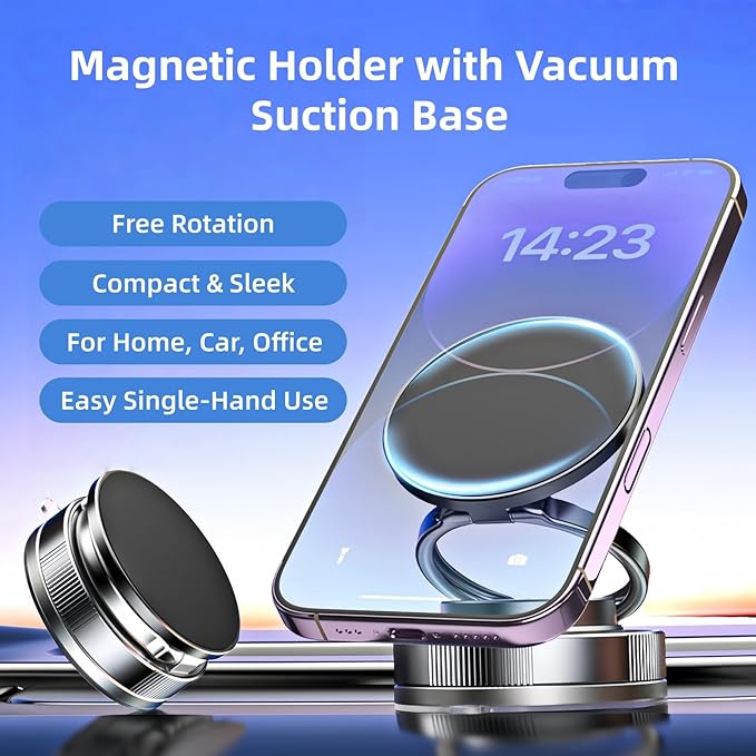 2026 Upgraded Magnetic Car Phone Holder for Magsafe: 360° Rotatable Adjustable Vacuum Car Phone Mount with 180+LBS Suction & 3800gf Magnet, Universal for Car/Gym/Mirror, Fits iPhone & Android