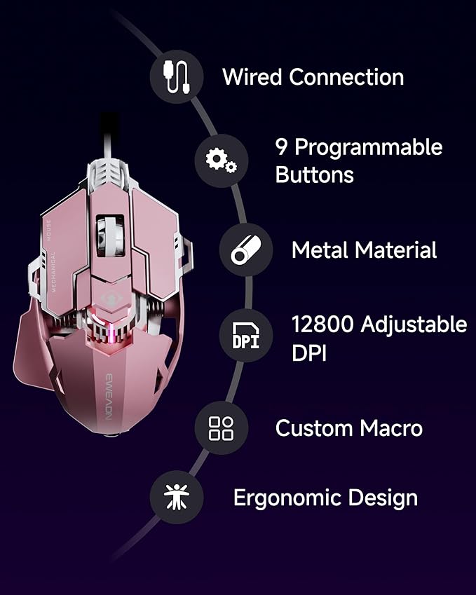 SEUNKWANG EWEADN G5 Wired Gaming Mouse, Ergonomic RGB Computer Mouse, 12800 Adjustable DPI, 9 Programmable Macro Buttons with Rapid Fire Key Compatible for PC/Laptop/Windows-Pink