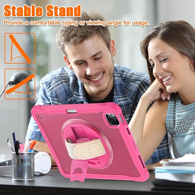 Batianda Case for iPad Pro 11-inch 2022 4th M2 Chip /2021 (3rd Generation) Heavy Duty Rugged Shockproof Tablet Cover with 360° Rotating Hand Strap Foldable Hidden Stand & Shoulder Strap, Pink