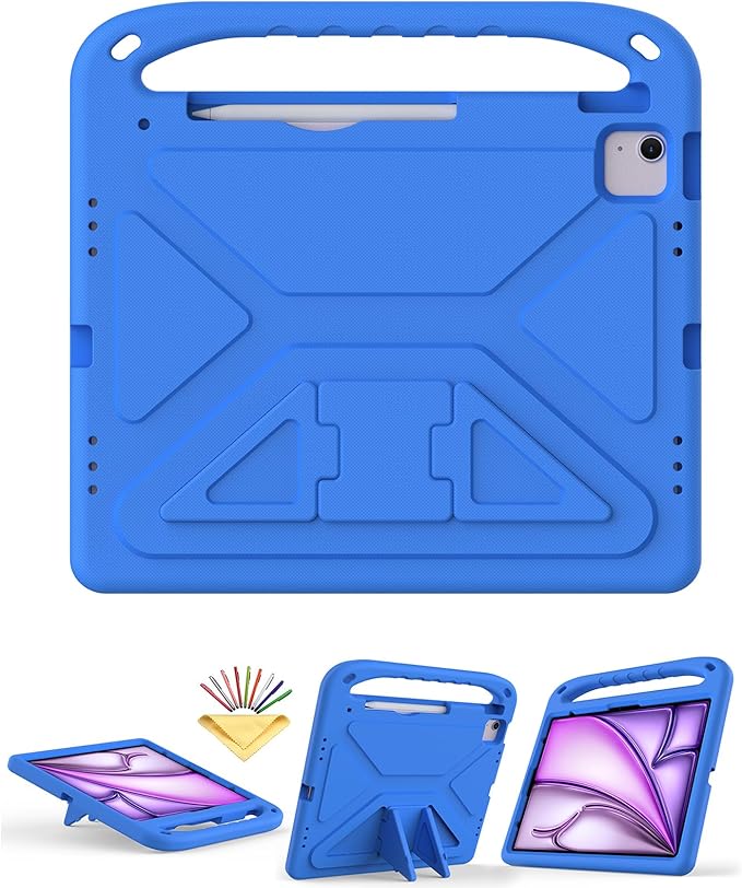 Kids Case for iPad Pro 13 inch (M5) 2025/ (M4) 2024, with Pencil Holder/Kickstand/Handle Stand Lightweight Cute Soft EVA Shockproof Silicone Anti-Slip Grip Rugged Girls Boys Cover, Blue
