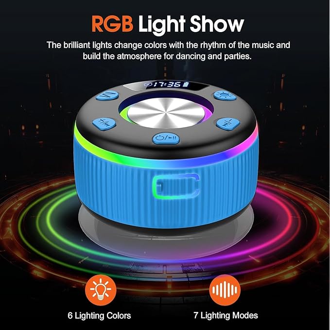 Bluetooth Shower Speaker, IP7 Waterproof Portable Bluetooth 5.3 Speakers with Suction Cup, Mini Wireless Speaker with RGB Lights Time Display, Loud Stereo Sound for Bathroom Beach Outdoor Party, Azure