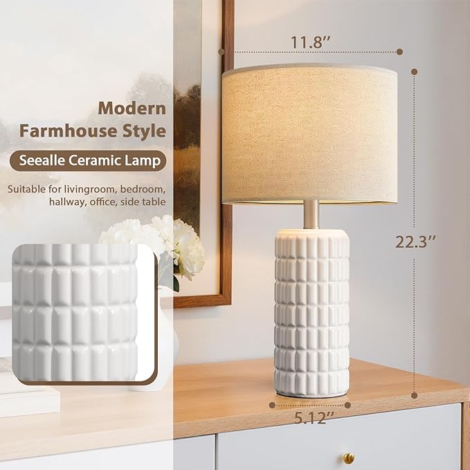 Seealle 23" Modern Ceramic Table Lamps Set of 2 - Table Lamps for Living Room, Farmhouse Bedside Night Stands Lamp for Bedroom, White Boho Nightstand Lamps Set of 2(Bulb Included)